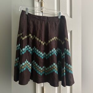 Brown and Teal Linen Embroidered Patterned Women's Skirt